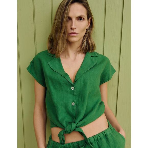 New Nation Ltd Los Angeles Noemi Tie Top Linen Crop Lawn Green Small Blouse - Picture 1 of 11